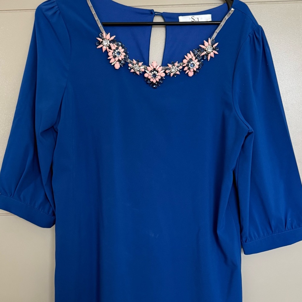 Blue 3/4 Sleeve Dress with Floral Embellishments